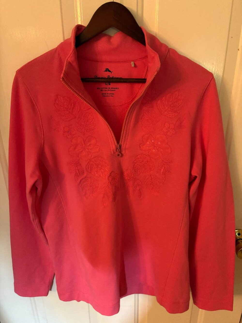 Tommy Bahama Pink Floral Embroidered Half-Zip Pullover